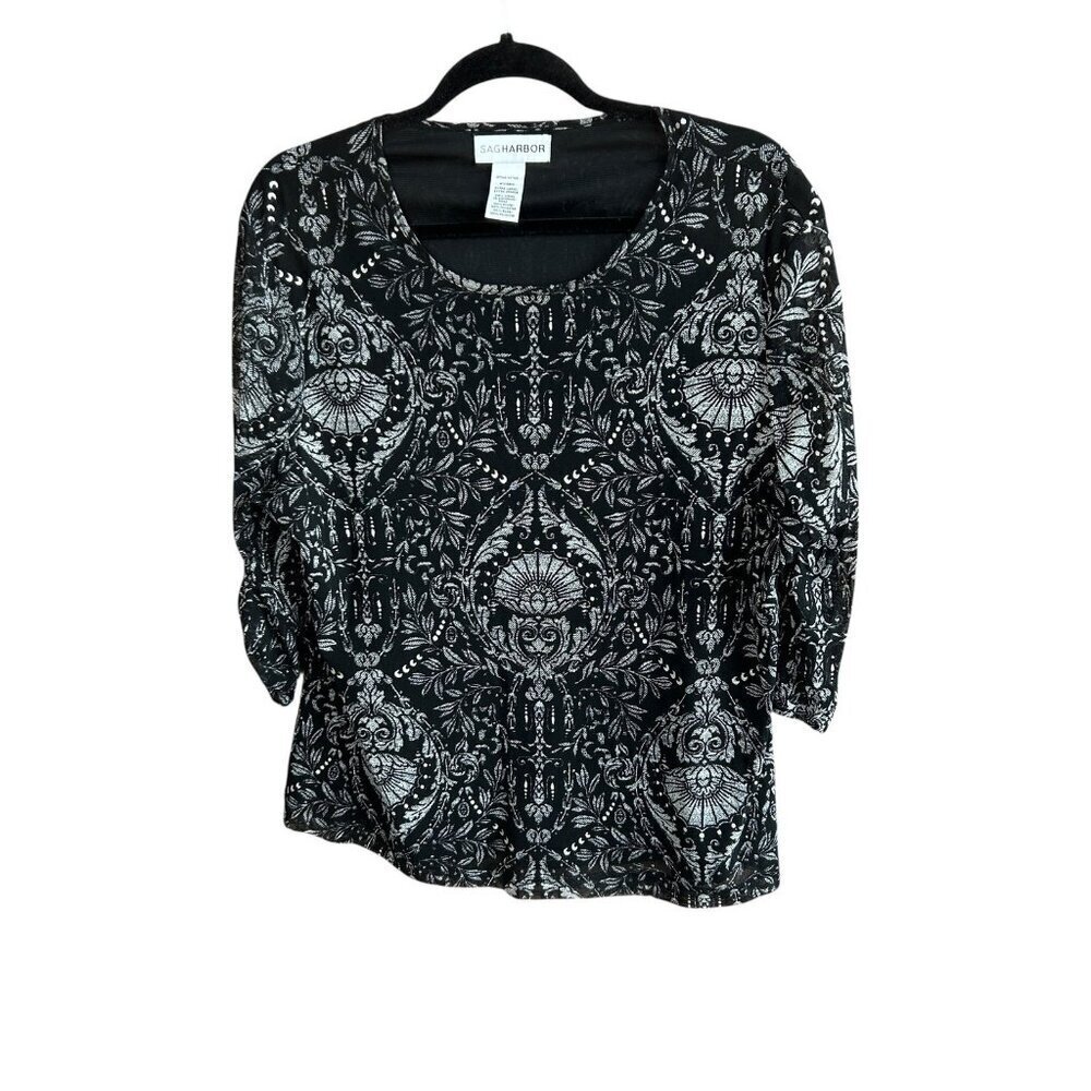 Black and White Baroque Print Jersey Knit Short Sleeve Top Sag Harbor Size XL